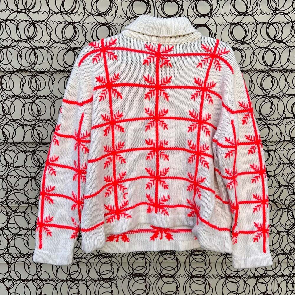 Vintage 60s Hand Loomed Acrylic Snowflake Turtleneck Sweater White Orange/Red L?